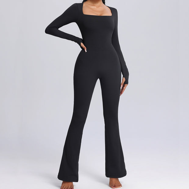 New Square Neck Long-sleeved Jumpsuit Yoga Fitness Sports Flared Pants Breathable Bodysuit Women's Clothing