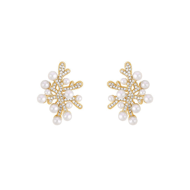 Sterling Silver Needle Coral Pearl Zircon Light Luxury Temperament Female Earrings