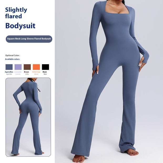 New Square Neck Long-sleeved Jumpsuit Yoga Fitness Sports Flared Pants Breathable Bodysuit Women's Clothing